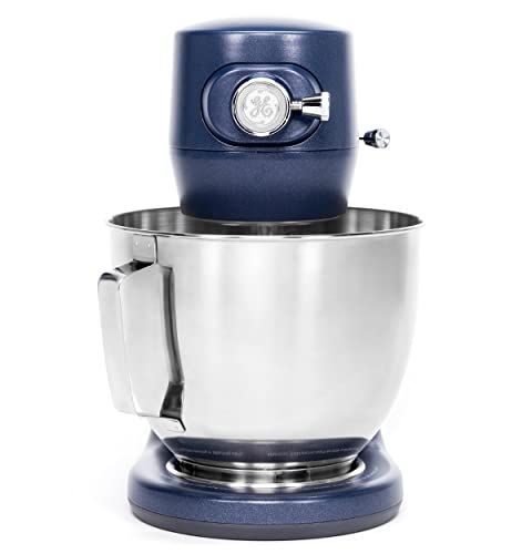 GE Tilt-Head Electric Stand Mixer | 7-Speed, 350-Watt Motor | Includes 5.3-Quart Bowl, Flat Beater, Dough Hook, Wire Whisk & Pouring Shield | Countertop Kitchen Essentials | Sapphire Blue