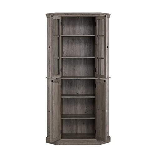 Home Source Kitchen Corner Cabinet with Doors, Wood Corner Hutch, Transparent Glass Doors, Bar Cabinet for Living Room, Kitchen, Farmhouse, Basement, Stone Grey