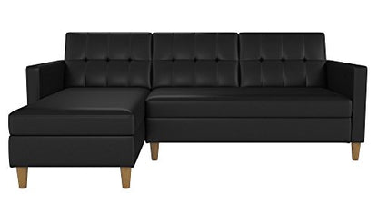 DHP Hartford Storage Sectional Futon with Interchangeable Chaise, Space-saving Design with Multi-position Back, Wooden Legs, Black Faux Leather