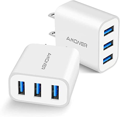 Amoner 2Pack 15W 3-Port Plug Power Adapter for iPhone 14/13/12/11/Pro/ProMax/Xs/XR/X/8, Galaxy S22 S21 and More