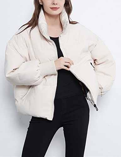 Tanming Womens Casual Puffer Jacket Long Sleeve Full Zip Black Padded Winter Coat (Beige, M)