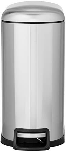 Amazon Basics 10 Liter / 2.6 Gallon Soft-Close, Smudge Resistant Small Trash Can with Foot Pedal for Narrow Spaces - Brushed Stainless Steel