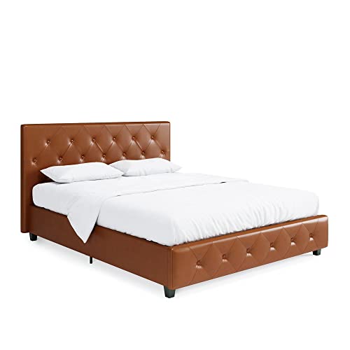 DHP Dakota Upholstered Platform Bed with Diamond Button Tufted Headboard and Footboard, No Box Spring Needed, Queen, Camel Faux Leather