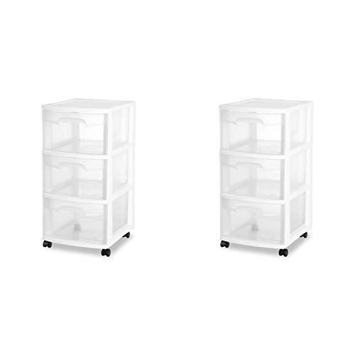 Sterilite 28308002 3 Drawer Cart, White Frame with Clear Drawers and Black Casters, 2-Pack