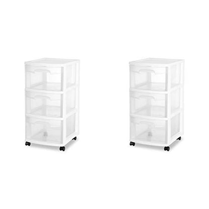 Sterilite 28308002 3 Drawer Cart, White Frame with Clear Drawers and Black Casters, 2-Pack