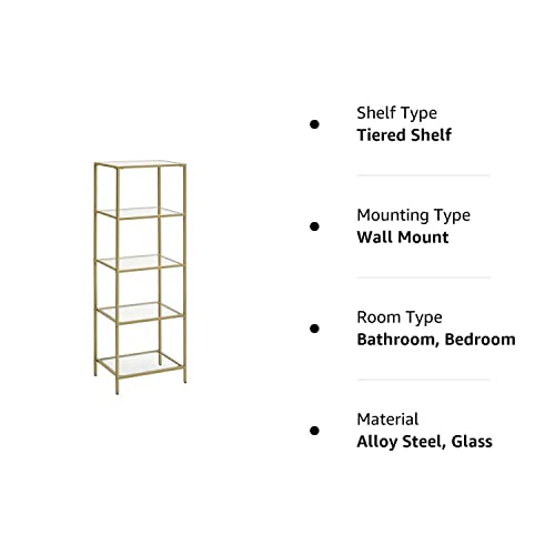 VASAGLE Bookcase, 5-Tier Bookshelf, Slim Shelving Unit for Bedroom, Bathroom, Home Office, Tempered Glass, Steel Frame, Metallic Gold ULGT029A01