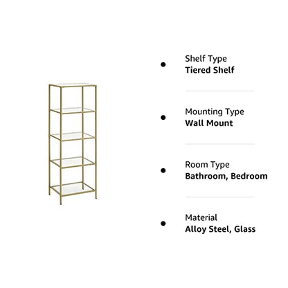 VASAGLE Bookcase, 5-Tier Bookshelf, Slim Shelving Unit for Bedroom, Bathroom, Home Office, Tempered Glass, Steel Frame, Metallic Gold ULGT029A01