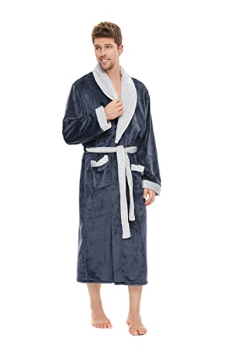 iniber Mens Robe Soft Lightweight Hooded Robes Full Length Robe for Men，Plus Size XS-4XL Warm Plush Bathrobe with Pockets