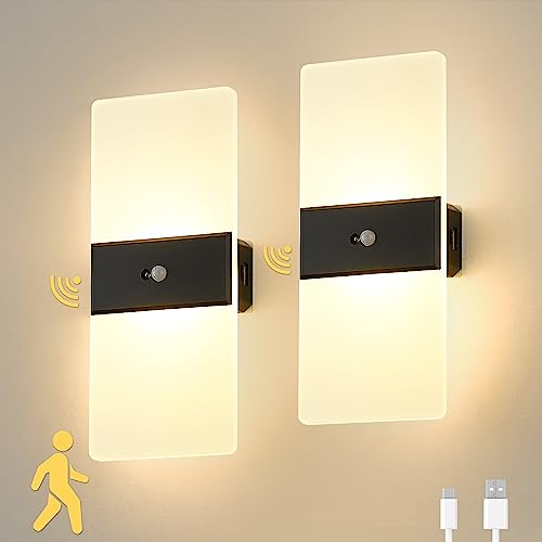 Battery Operated Wall Sconces Set of Two, Wireless Motion Sensor Wall Lights, Rechargeable Lamp Sconce Wall Lighting with 2-Mode for Hallway Stairway Bedroom Basement Living Room, LBD025-LED-BK2