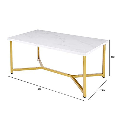 AZL1 Life Concept Marble Gold Mid Century Modern Rectangle Coffee Table, White