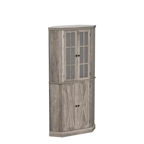 Home Source Kitchen Corner Cabinet with Doors, Wood Corner Hutch, Transparent Glass Doors, Bar Cabinet for Living Room, Kitchen, Farmhouse, Basement, Stone Grey