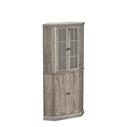 Home Source Kitchen Corner Cabinet with Doors, Wood Corner Hutch, Transparent Glass Doors, Bar Cabinet for Living Room, Kitchen, Farmhouse, Basement, Stone Grey
