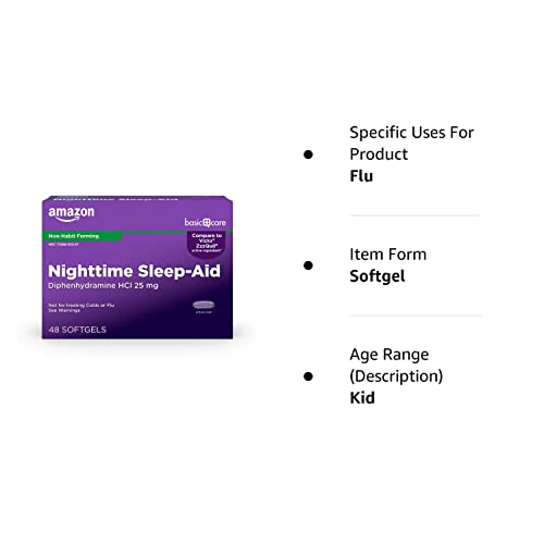 Amazon Basic Care Sleeptime Nighttime Sleep-Aid Softgels, Diphenhydramine HCl 25 mg, Relieves Occasional Sleeplessness, 48 Count
