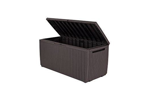 Keter Springwood 80 Gallon Resin Outdoor Storage Box for Patio Furniture Cushions, Pool Toys, and Garden Tools with Handles, Brown