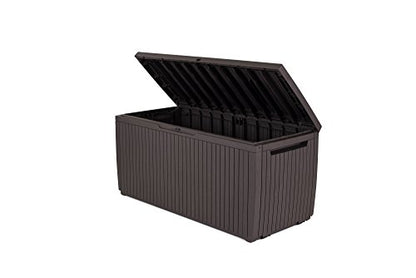 Keter Springwood 80 Gallon Resin Outdoor Storage Box for Patio Furniture Cushions, Pool Toys, and Garden Tools with Handles, Brown