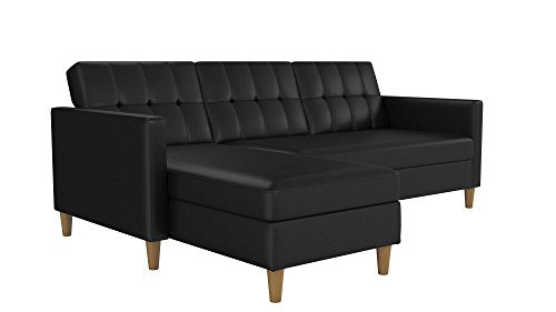 DHP Hartford Storage Sectional Futon with Interchangeable Chaise, Space-saving Design with Multi-position Back, Wooden Legs, Black Faux Leather