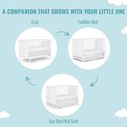 Dream On Me Clover 4-in-1 Modern Island Crib with Rounded Spindles in White, Convertible Crib, Mid-Century Meets Modern, Coordinates with The Clover Changing Counter