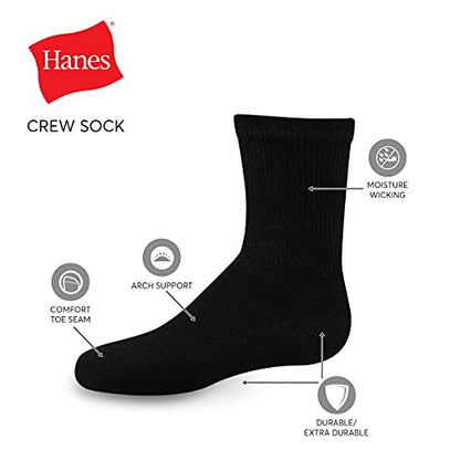 Hanes Small-Shoe Size: 4.5-8.5 Boys, Double Tough Cushioned Crew Socks, 12-Pair Packs, Black