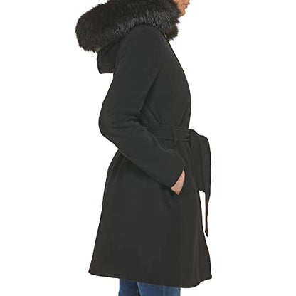 Cole Haan Women's Hooded Coat Slick Wool with Detatchable Faux Fur Trim, Black