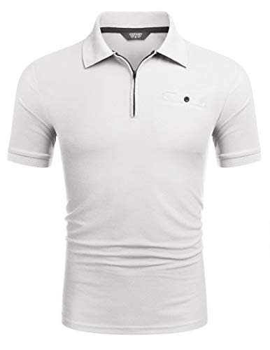 Mens Classic Short Sleeve Polo Shirt Zip Up Casual Summer Slim Fit Polo Shirt White