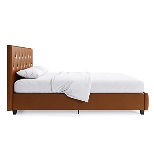 DHP Dakota Upholstered Platform Bed with Diamond Button Tufted Headboard and Footboard, No Box Spring Needed, Queen, Camel Faux Leather