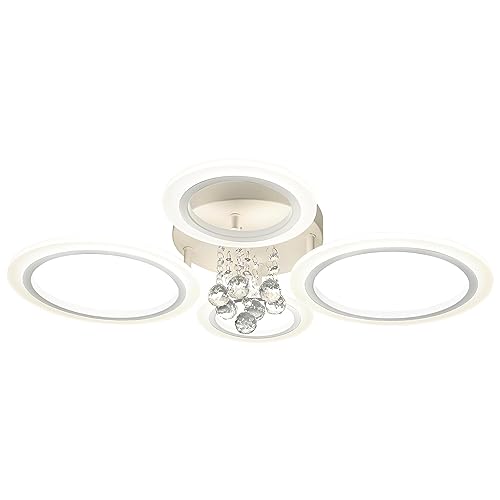 Modern Flush Mount Ceiling Light Fixture 4 Rings Crystal Chandeliers LED Ceiling Lights Dimmable Kitchen Light Fixtures White Bedroom Ceiling Lights for Living Room Hallway Entrance Office 25.8 Inch