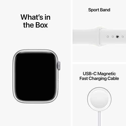 Apple Watch Series 8 [GPS 45mm] Smart Watch w/Silver Aluminum Case with White Sport Band - M/L. Fitness Tracker, Blood Oxygen & ECG Apps, Always-On Retina Display, Water Resistant