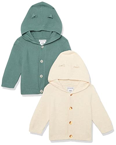 Amazon Essentials Unisex Babies' Hooded Sweater, Pack of 2, Dark Sage Green/Oatmeal, 24 Months