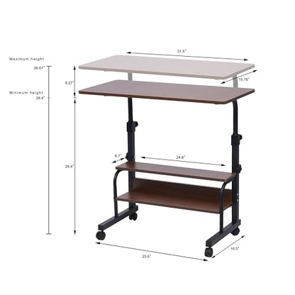 Adjustable Height Rolling Portable Desk with Wheels, Small Standing Desk Mobile 32 Inch Computer Desk for Small Space, Work Desk for Home Office with Storage Laptop Table Study Student Desk Brown