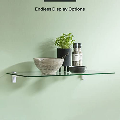 Fab Glass and Mirror Rectangle Floating Glass Shelve, 6"x18" Inches, 3/8 Thick Clear Glass with Flat Polished Edge-‎Easy Installation with Screws, and Peacock Chrome Finish Brackets