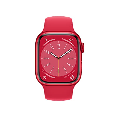Apple Watch Series 8 [GPS 41mm] Smart Watch w/ (Product) RED Aluminum Case with (Product) RED Sport Band - S/M. Fitness Tracker, Blood Oxygen & ECG Apps, Always-On Retina Display, Water Resistant