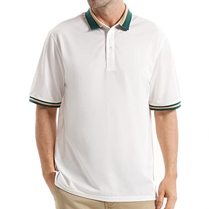 LEDINEY Polo Shirts for Men Short Sleeve Striped Collared Button Down Regular Fit Business and Casual Fashion Sports Golf Shirts Camisa Polo para Hombre White M