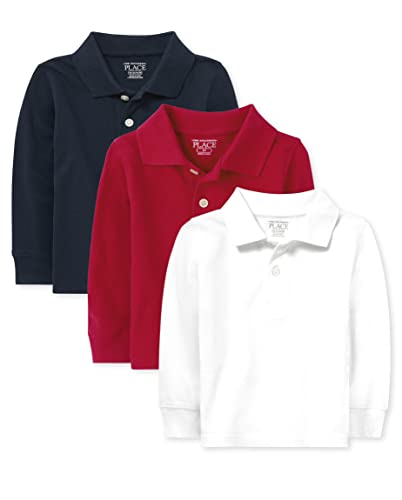 The Children's Place Baby Boys and Toddler Boys Long Sleeve Pique Polo, Classic Red/Nautico/White, 12-18 MONTHS
