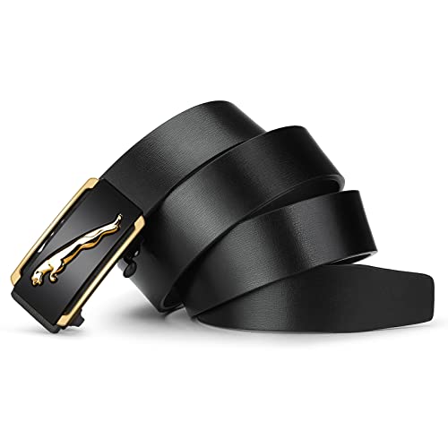 Oyifan Black Leather Belt for Men, 1 3/8 Slide Ratchet Belt For Men Dress Pant Shirt Oxfords Casual Jeans, trim To Fit