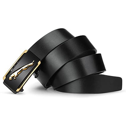 Oyifan Black Leather Belt for Men, 1 3/8 Slide Ratchet Belt For Men Dress Pant Shirt Oxfords Casual Jeans, trim To Fit