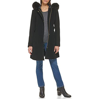 Cole Haan Women's Hooded Coat Slick Wool with Detatchable Faux Fur Trim, Black