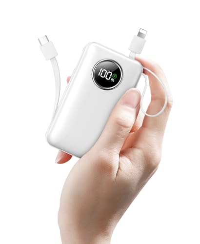LOVELEDI Power Bank, Portable Charger, 15000mAh PD 30W Fast Charging, Built in Type-C and iOS Output Cables Equipped with LED Display for iPhone Series and Most Electronic Devices(White)