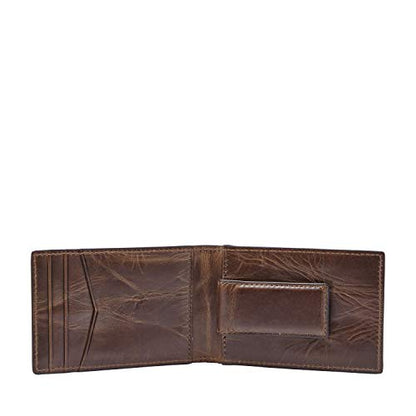 Fossil Men's Derrick Leather Slim Minimalist Magnetic Money Clip Bifold Front Pocket Wallet, Dark Brown