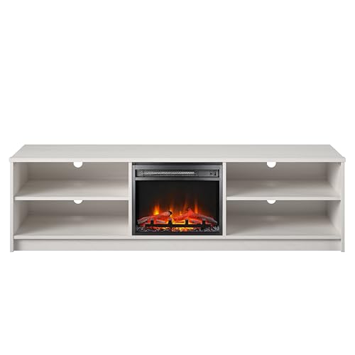 Ameriwood Home Noble TV Stand with Electric Fireplace Insert and 4 Shelves, 75", Ivory Oak