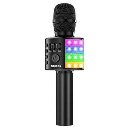 BONAOK Karaoke Microphone for Kids Adults Wireless Mic with Bluetooth Speaker Rechargeable Portable Handheld Echo Microphones with Disco Light for Party Home Outdoor Speaking Singing,Q37L (Black)