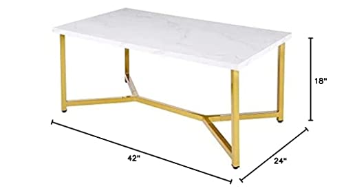 AZL1 Life Concept Marble Gold Mid Century Modern Rectangle Coffee Table, White