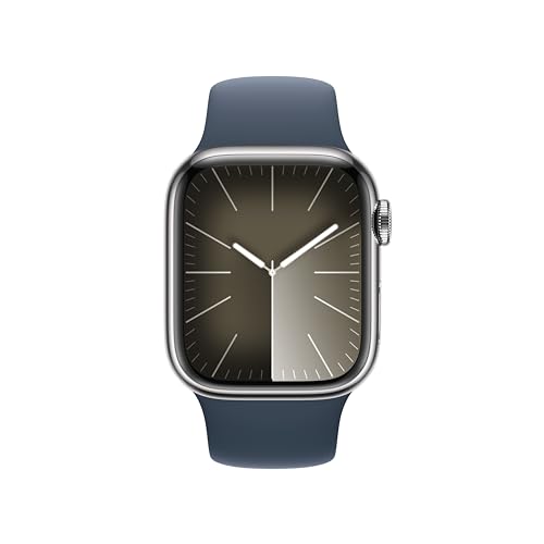 Apple Watch Series 9 [GPS + Cellular 41mm] Smartwatch with Silver Stainless Steel Case with Storm Blue Sport Band S/M. Fitness Tracker, Blood Oxygen & ECG Apps, Always-On Retina Display