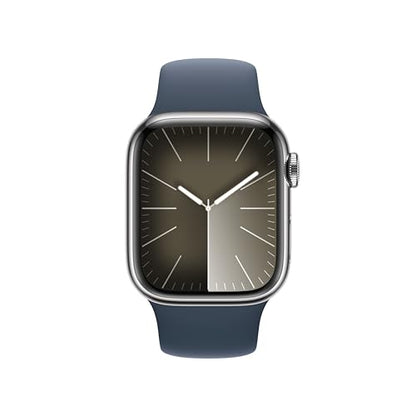 Apple Watch Series 9 [GPS + Cellular 41mm] Smartwatch with Silver Stainless Steel Case with Storm Blue Sport Band S/M. Fitness Tracker, Blood Oxygen & ECG Apps, Always-On Retina Display