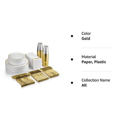 350 Piece Gold Dinnerware Set - 50 Guest Gold Rim Plastic Plates - 50 Gold Plastic Silverware - 50 Gold Rim Plastic Cups - 50 Linen Like Gold Paper Napkins, Disposable