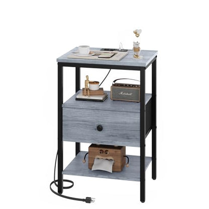 GGWEW Night Stand with Charging Station, Nightstand with Adjustable Drawer & Shelf, Small Nightstands for Bedroom, Fabric Drawer with MDF Front, 5.9ft Power Cord - Light Grey Blue