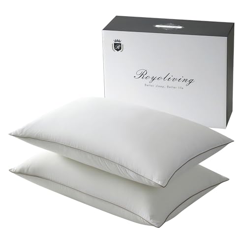 Royoliving Premium Feather Down Bed Pillows for Sleeping Standard Size Pack of 2-100% Cotton Fabric, Medium Firm, Soft Support Surround (White, Standard)