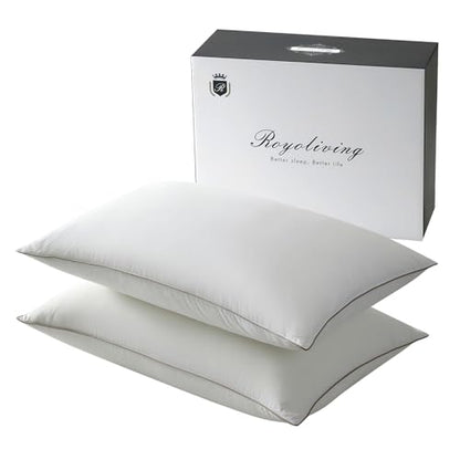 Royoliving Premium Feather Down Bed Pillows for Sleeping Standard Size Pack of 2-100% Cotton Fabric, Medium Firm, Soft Support Surround (White, Standard)