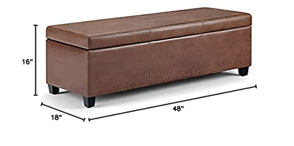 SIMPLIHOME Avalon 48 inch Wide Rectangle Lift Top Storage Ottoman Bench in Upholstered Distressed Umber Brown Faux Leather with Large Storage Space for the Living Room, Entryway, Bedroom