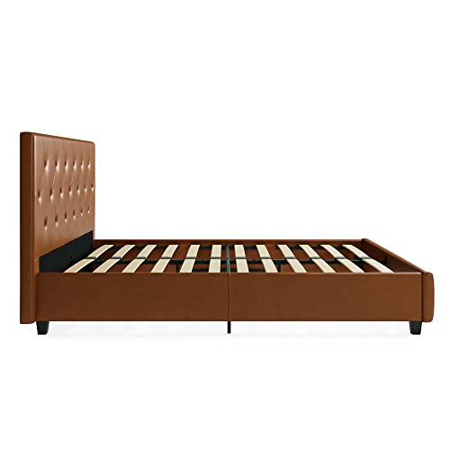 DHP Dakota Upholstered Platform Bed with Diamond Button Tufted Headboard and Footboard, No Box Spring Needed, Queen, Camel Faux Leather