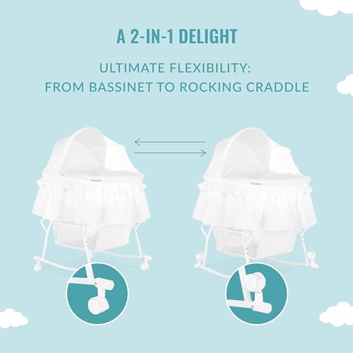 Dream On Me Lacy Portable 2-in-1 Bassinet & Cradle in White, Lightweight Baby Bassinet with Storage Basket, Adjustable and Removable Canopy